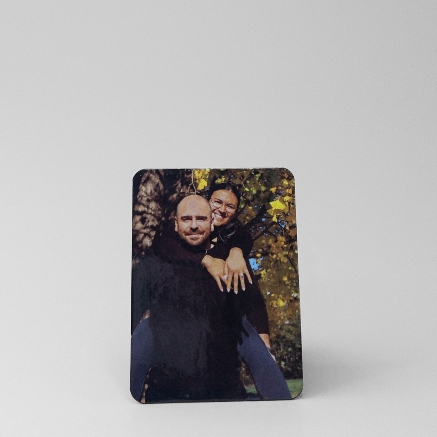 Custom photo fridge magnet for engagement photo shoot, wedding or family photos of pets