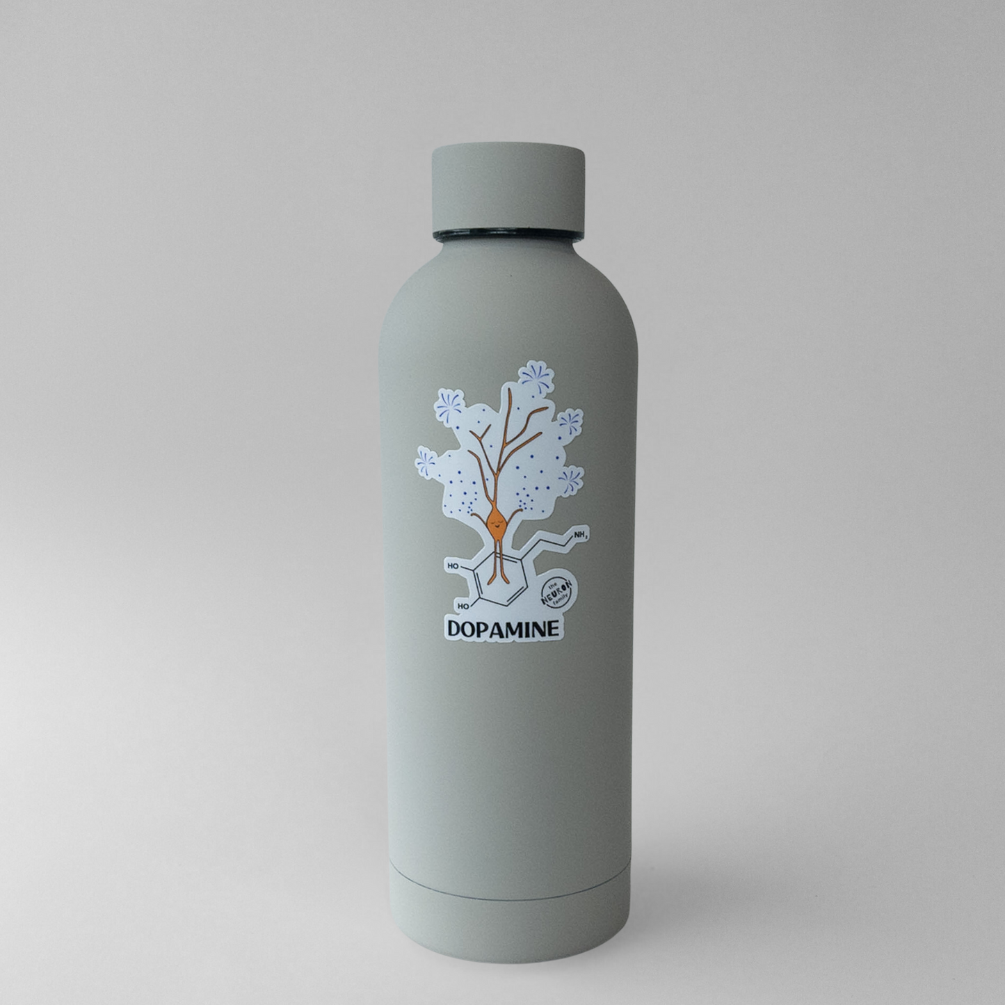 Gray water bottle with a dopamine graphic on a light gray background