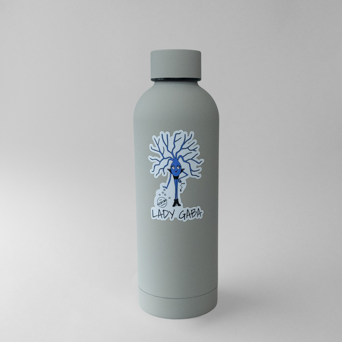 Gray water bottle with a blue character and 'LADY GAGA' text on a light gray background