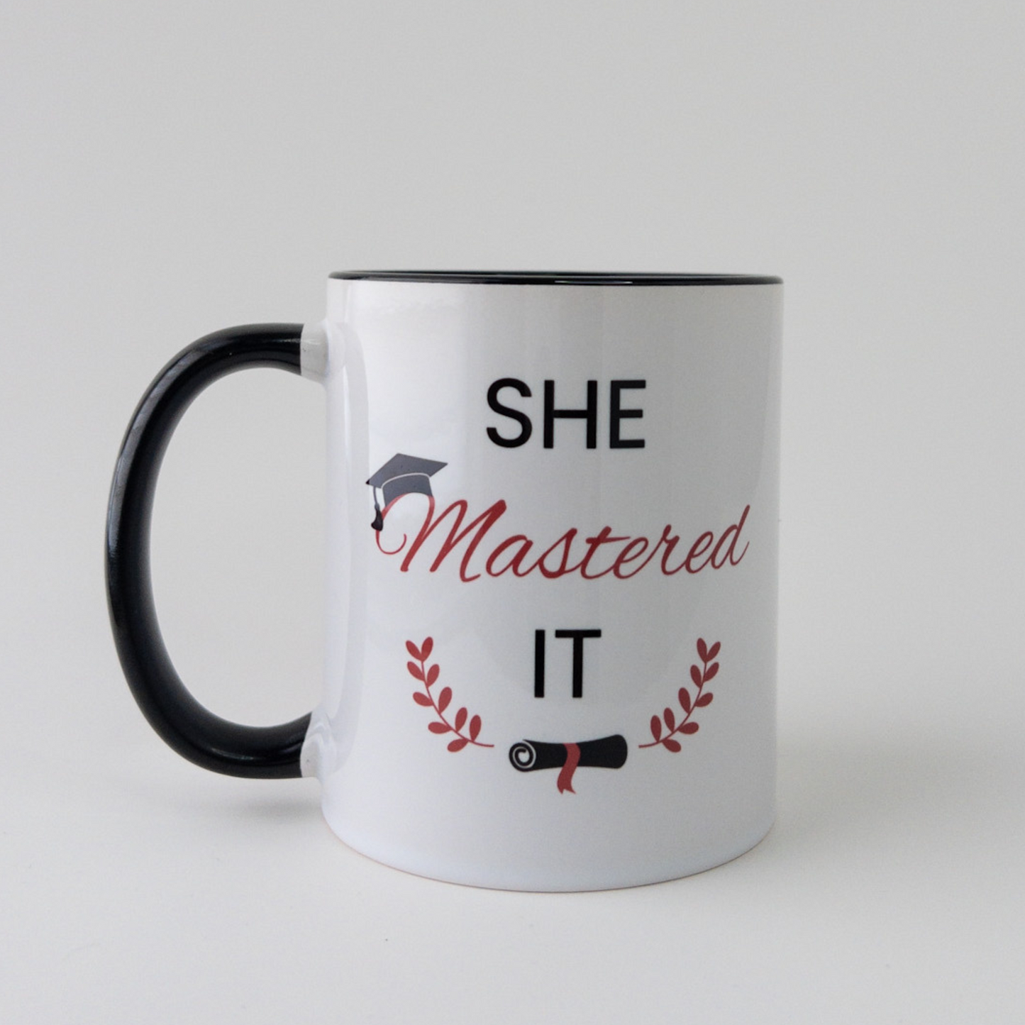 Mastered It Masters Graduation Mug (black) featuring customizable year and design. Ideal for thesis success and graduate celebrations.