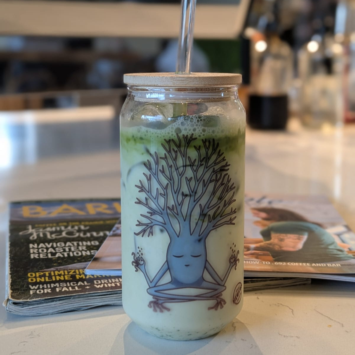 meditation neuron glass can with a matcha latte