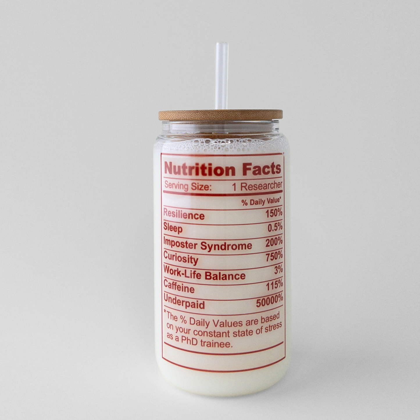 Customize the nutrition facts for a graduate trainee printed on a glass can. Serving size one researcher.