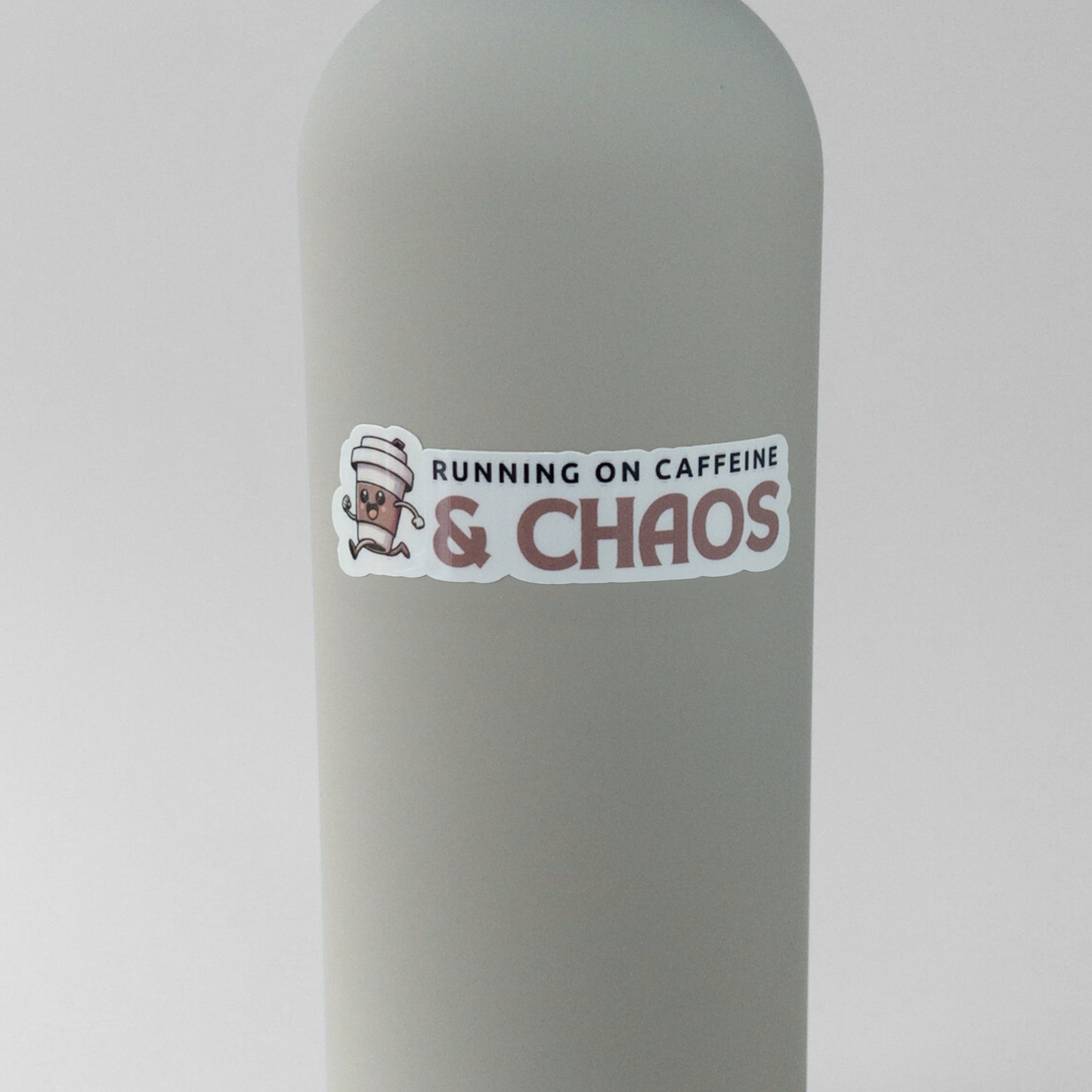 running on caffeine and chaos vinyl sticker on water bottle