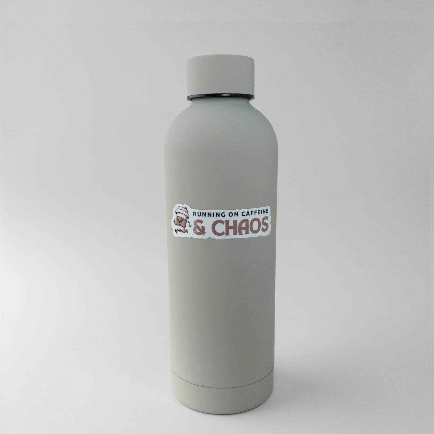 sticker for busy people that says running on caffeine and chaos