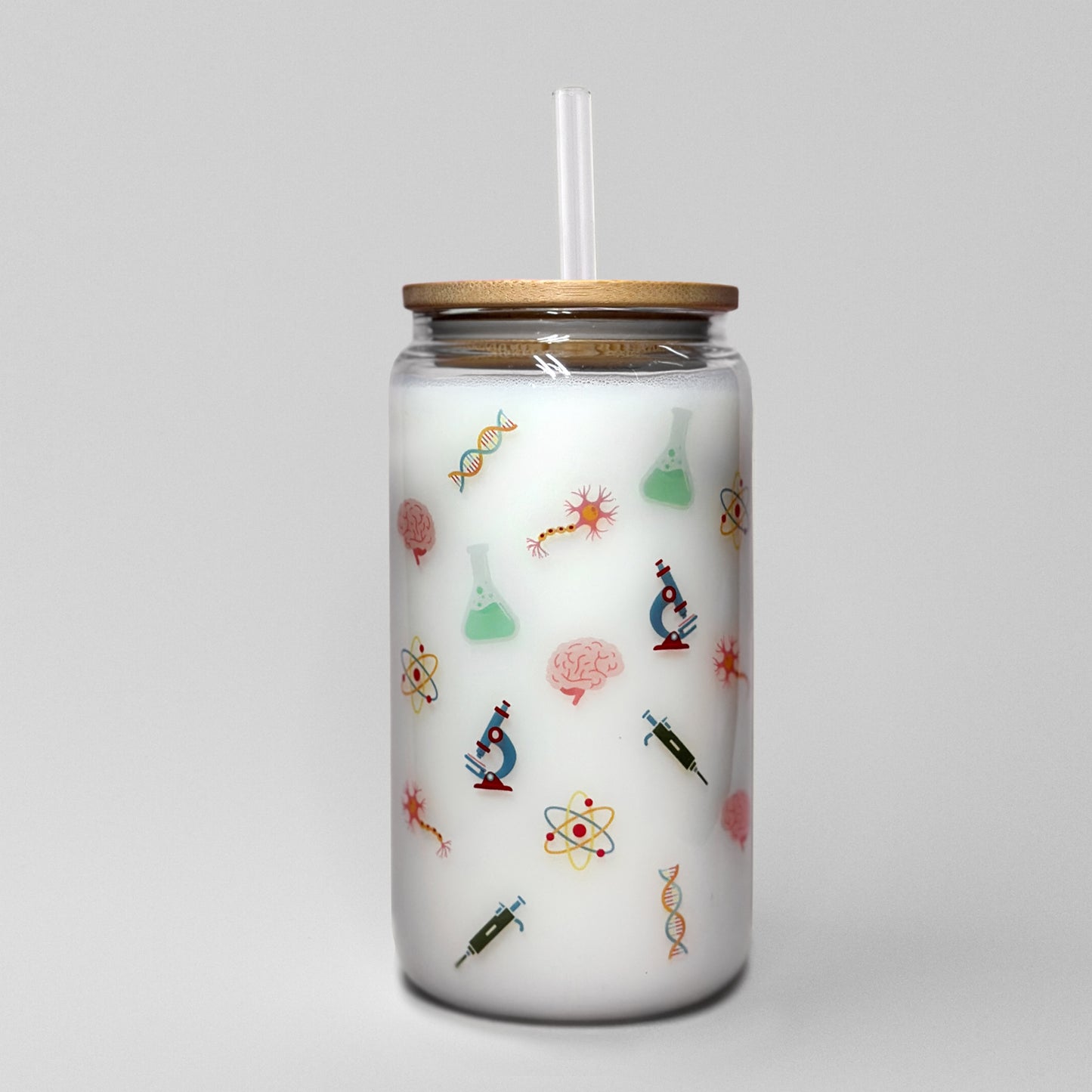 Glass beer can with customizable science icons for scientists and academics