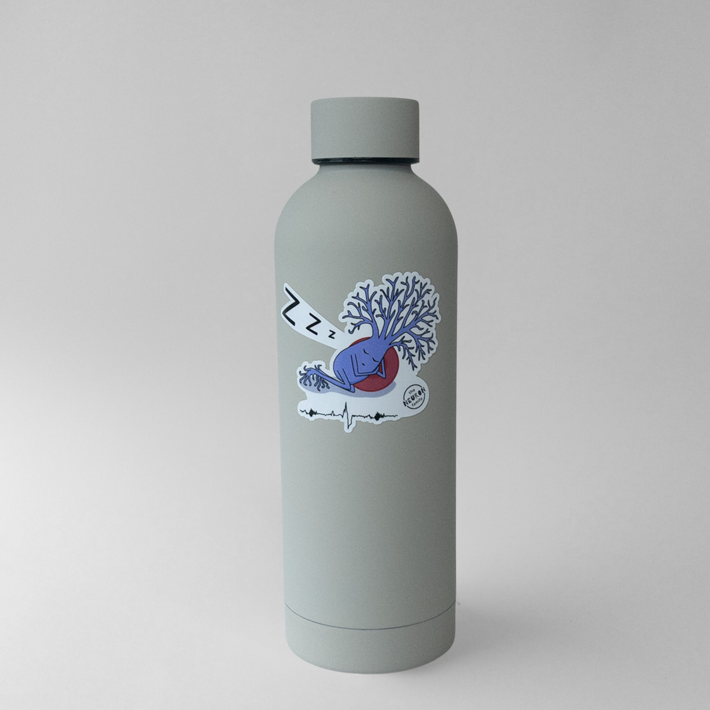 Gray water bottle with sleepy neuron design from the neuron family on a grey background