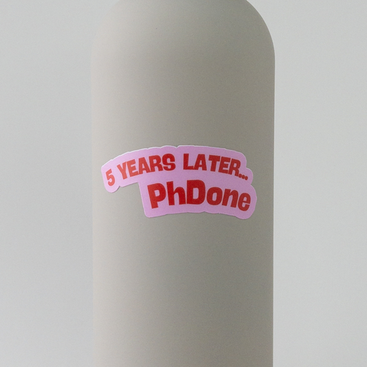 phdone sticker for graduating phd in red and pink