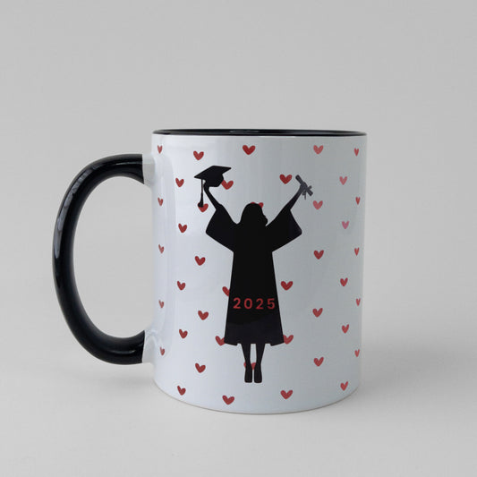 Back of customizable graduation mug with personalization options: graduation year, gender icon (male/female), and themed icons (hearts, science symbols). Ideal for PhDs, researchers, and academic milestones.