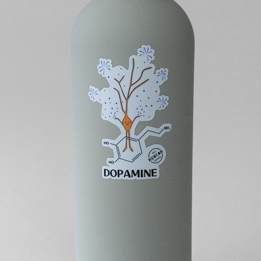 Gray water bottle with a dopamine molecule sticker on a light gray background