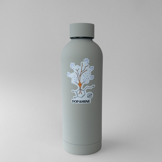Gray water bottle with a dopamine graphic on a light gray background