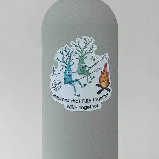 Sticker with neuron characters roasting marshmallows over a campfire on a gray bottle.