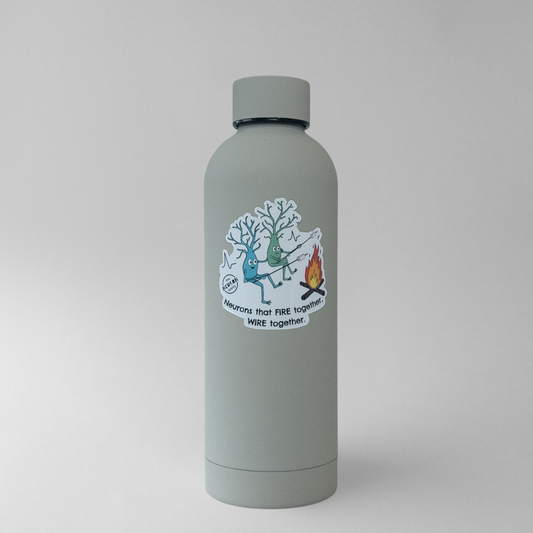 Gray water bottle with the neuron family fire together, wire together neuron sticker on a light gray background