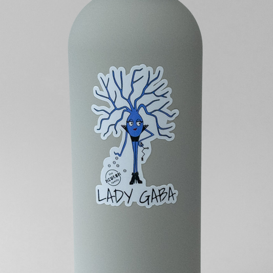 Gray water bottle with a sticker of a blue character labeled 'LADY GABA' on a light gray background