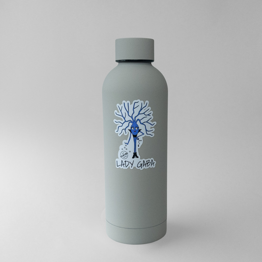 Gray water bottle with a blue character and 'LADY GAGA' text on a light gray background