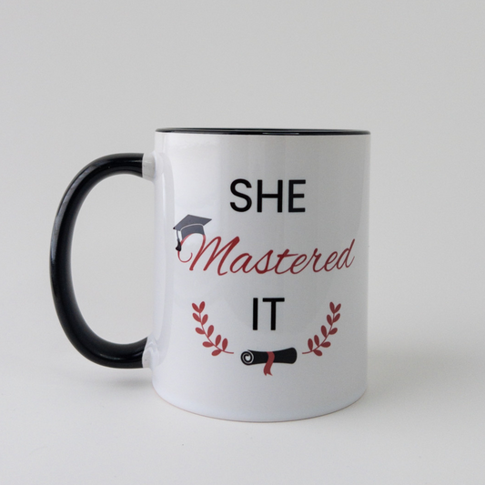 Mastered It Masters Graduation Mug (black) featuring customizable year and design. Ideal for thesis success and graduate celebrations.
