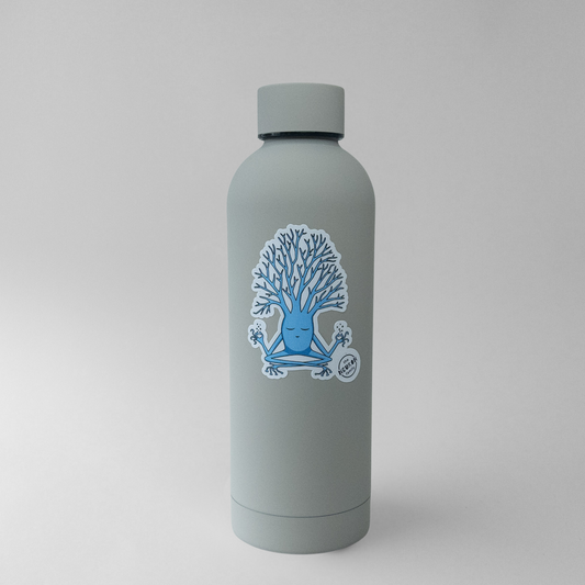 Gray water bottle with meditation neuron design on a light gray background