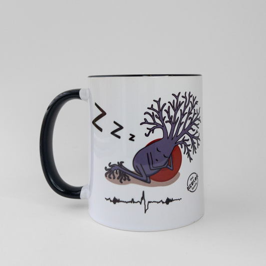 sleepy neuron from the neuron family on black mug