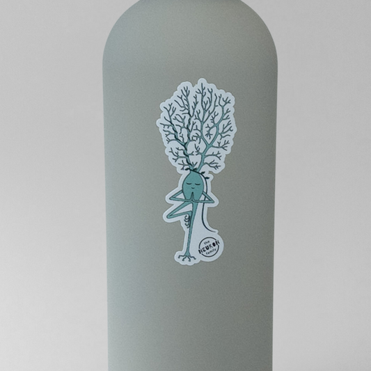 Gray water bottle with yoga neuron sticker on a light gray background