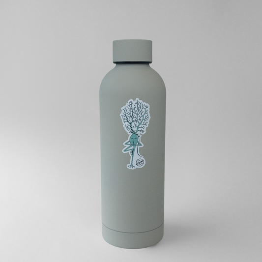 Gray water bottle with yoga neuron on a light gray background
